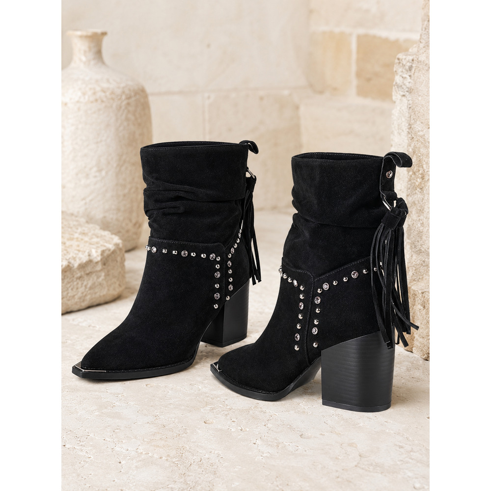VENUS Women’s 6M Black Fringe Rhinestone Studded Pointed Toe Ankle Boots - Picture 8 of 10